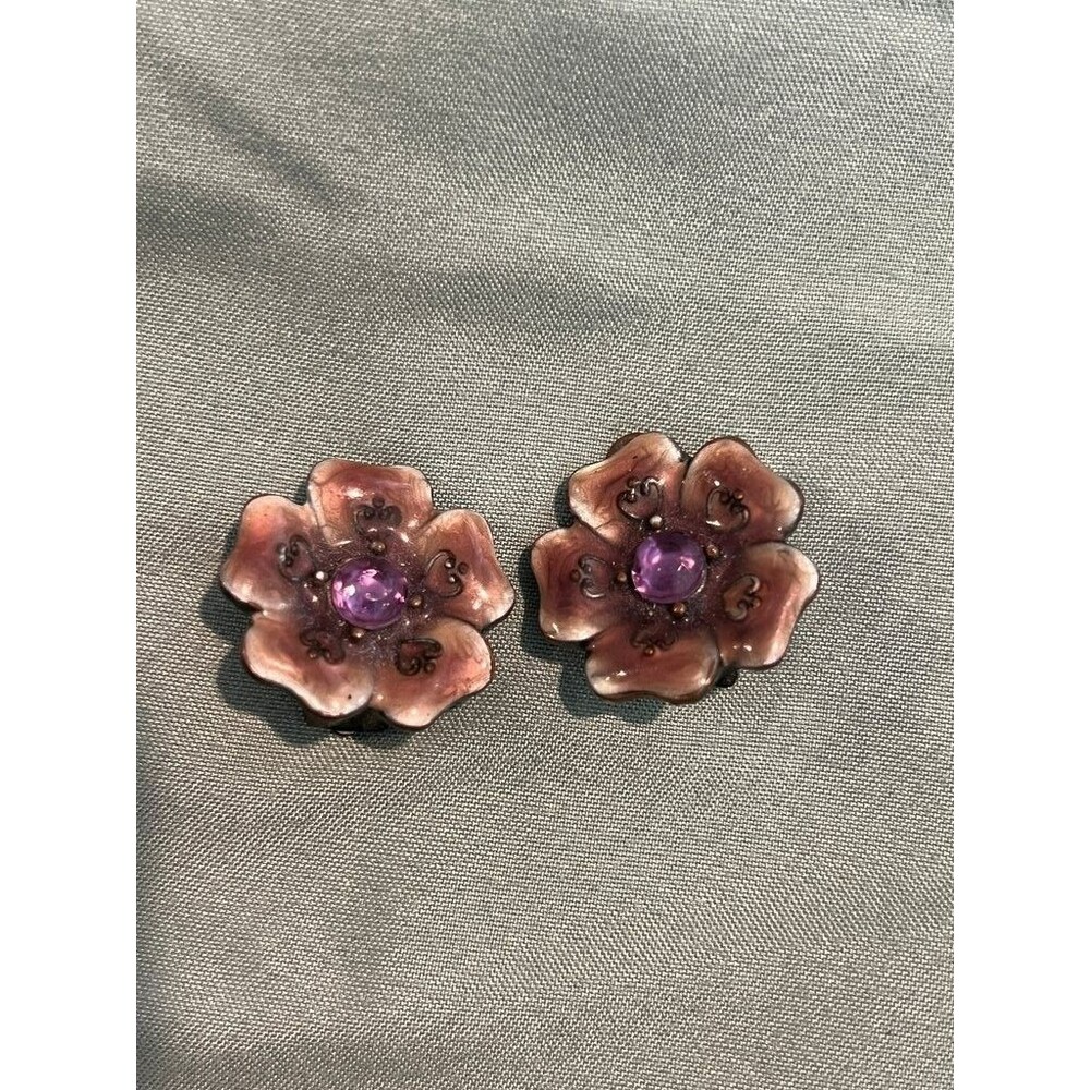 Vintage Purple Flower Clip-On Earrings with Faux Amethyst Center